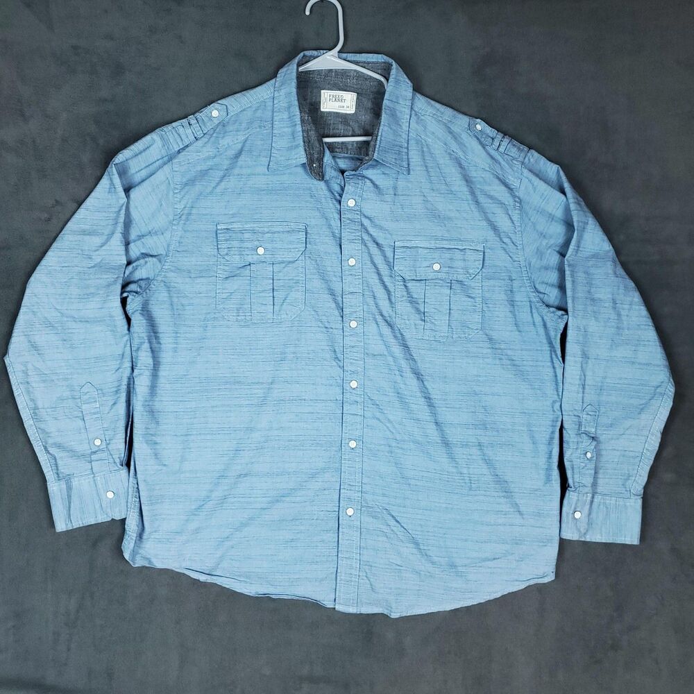 Free Planet Shirt Mens 3X Blue Textured Long Sleeve Button Up Pockets Casual